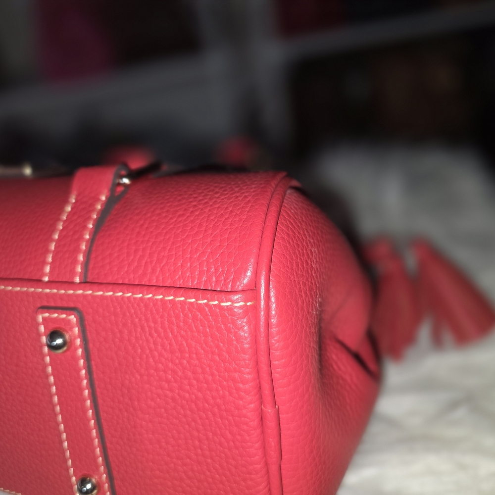 Dooney & Bourke Coral-Red Pebbled Leather Satchel with Tassel - Picture 5 of 9
